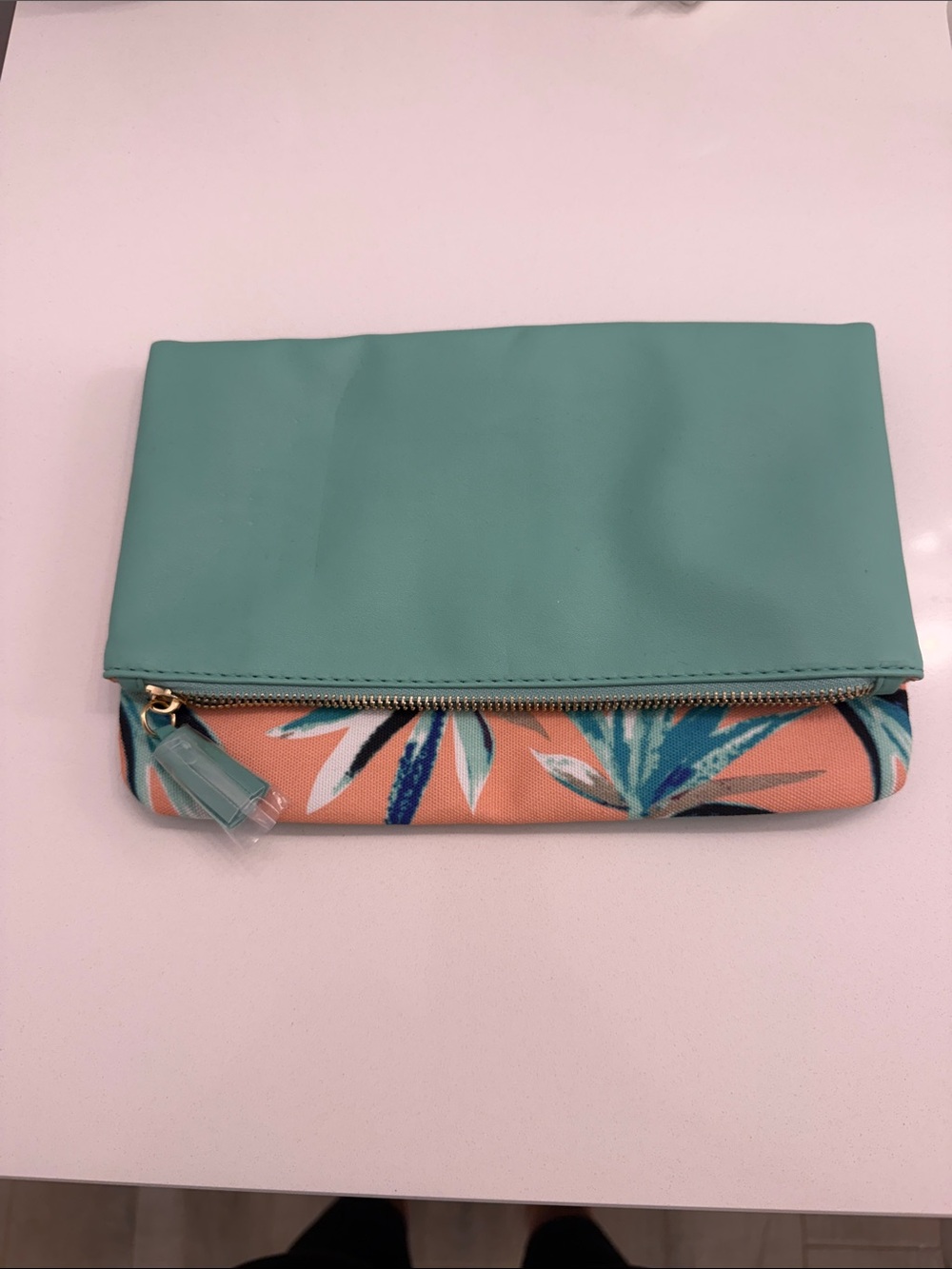 Rachel Pally Teal Fold-Over Clutch with Coral Floral Zip Panel